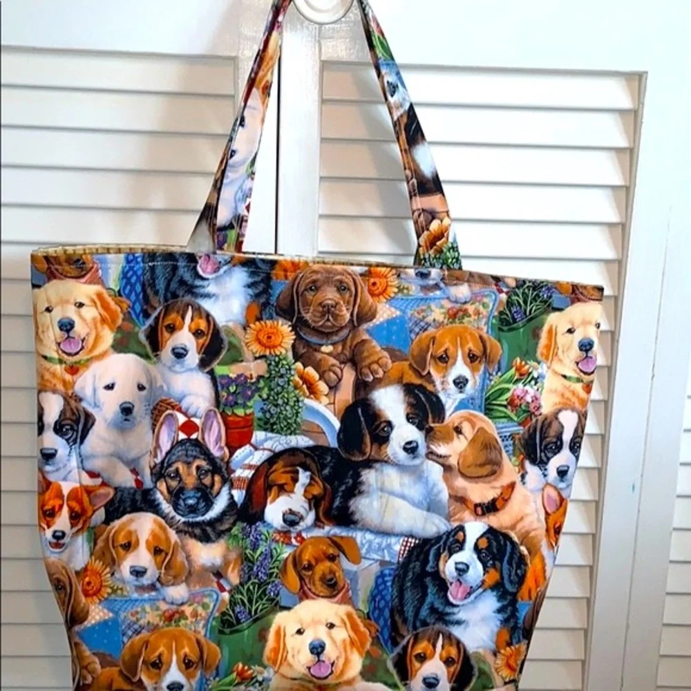 Hand Crafted Tote Bag Fabric Puppies All Purpose Reusable 100% Cotton Dog Purse - Picture 2 of 4